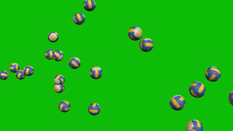 Volleyballs-thrown-up-on-green-screen,-bouncing,-,rolling,-and-passing-by-the-camera-3D-animation