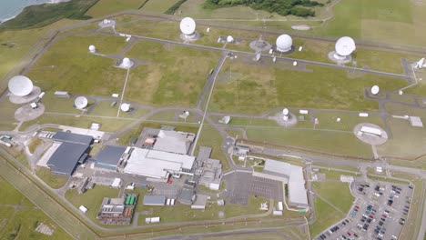 Drone-orbital-view-of-a-military-spy-satellite-facility-with-numerous-satellite-dishes-and-secure-buildings