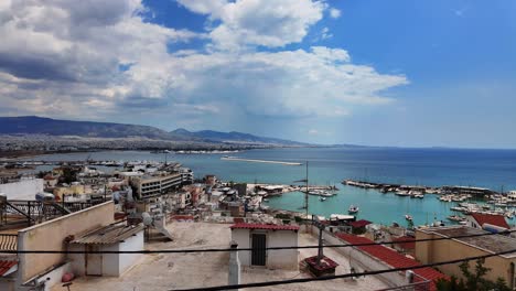 Port-of-Piraeus,-Athens-Greece-panoramic-elevated-view,-skyline-Cumulus-clouds