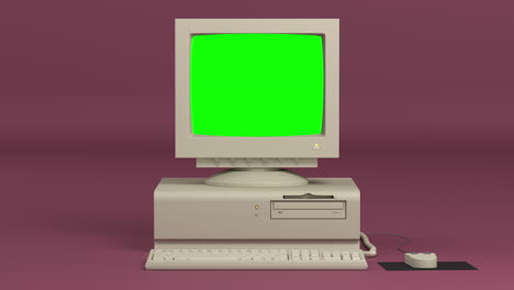 PC-Antigua-Que-Se-Enciende-Y-Apaga-Con-Pantalla-Verde,-Computadora-Retro-Vintage-En-Un-Fondo-Moderno-4k