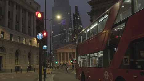 Early-Morning,-Royal-Bank-of-Scotland,-Leadenhall-Building-and-8-Bishopsgate-in-Background,-Red-London-Bus-and-Morning-Commuters