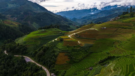 Lush-vivid-green-rice-terraces-drone-hyper-lapse-through-valley