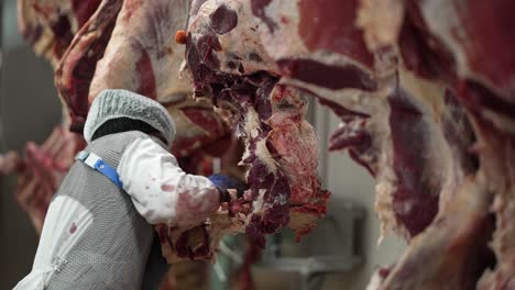 Cow-bones-being-separated-by-a-female-worker-with-a-knife-at-a-meat-processing-plant,-Medium-shot