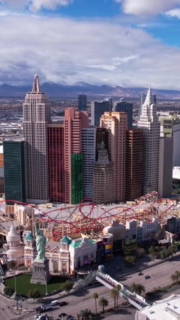 Las-Vegas-USA,-Vertical-Aerial-View-of-New-York-New-York-Casino-Hotel-on-Strip-and-Traffic