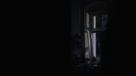 A-dimly-lit-room-with-an-open-window,-allowing-a-glimpse-of-the-outside-world