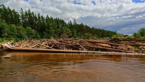 Von-Bibern-Errichteter-Holzdamm-Am-Fluss-Im-Gauja-Nationalpark,-Lettland