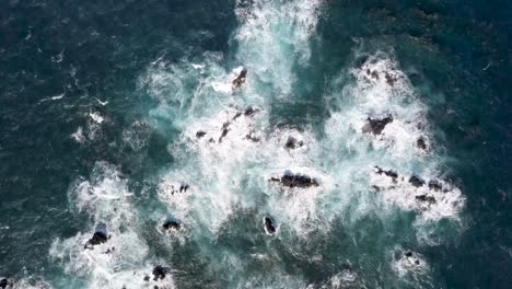 Wide-top-down-drone-view-of-blue-waters-of-the-Pacific-hitting-a-rock-reef-near-Maui-shores,-Hawaii