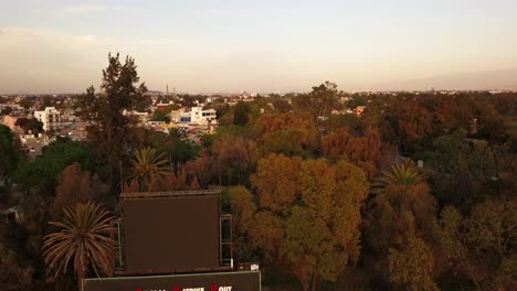 Baseball-board,-aerial-drone-shot-at-sunset,-mexico-city