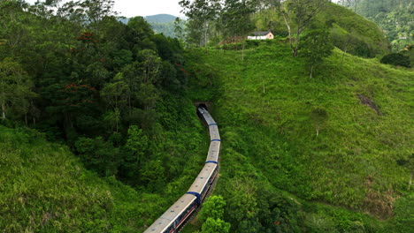 Vista-Aérea-De-Un-Tren-Que-Se-Desplaza-Hacia-Un-Túnel-En-La-Selva-De-Sri-Lanka.