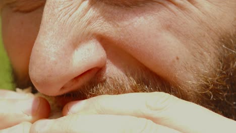 Sandwich-Being-Eaten-by-Young-Caucasian-Bearded-Man-with-Close-Up-on-Mouth-as-He-Chews-His-Meal---4K-Slow-Motion-Footage