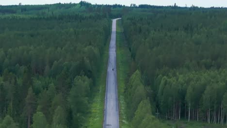 Lone-motorcyclist-riding-along-straight-long-asphalt-forest-road