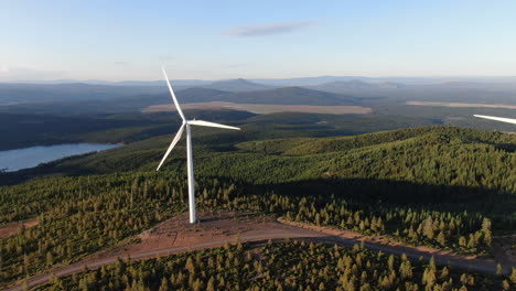 Aerogeneradores-En-Lo-Alto-De-Una-Montaña-Con-Vistas-A-Un-Pequeño-Bosque-De-Pinos-Y-Un-Lago-Azul