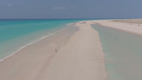 Isolierter-Breiter-Weißer-Sandstrand-Mit-Unberührtem,-Klarem-Meer-In-Sokotra,-Jemen,-Luftaufnahme-Einer-Person,-Die-Zu-Fuß-Geht