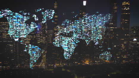 Mapa-Mundial-CGI-Con-Cuadrícula-De-Conexión-Sobre-Fondo-De-Rascacielos-Iluminados-De-La-Ciudad-De-Nueva-York