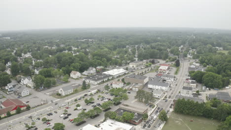 Aerial-Fly-Over-Drone-Footage-over-Downtown-Westbrook-in-Maine,-Cumberland-County,-USA