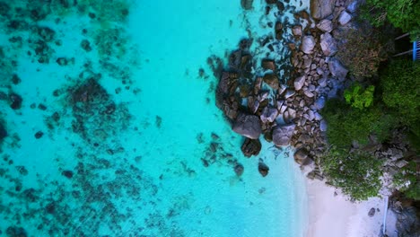 Boats-are-anchored-in-the-turquoise,-healthy-reef-clear-blue-water-off-the-coast-of-a-tropical-island-paradise