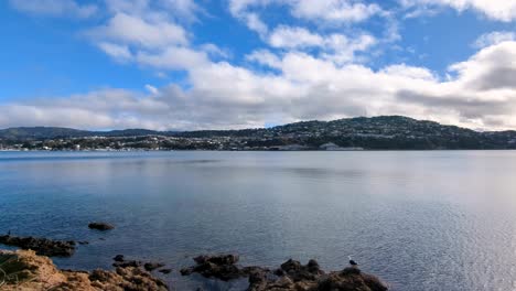 Scenic-panoramic-view-overlooking-Wellington-harbour-water-and-Mt-Vic-with-residential-houses-perched-on-hillside-in-capital-city-of-New-Zealand-Aotearoa