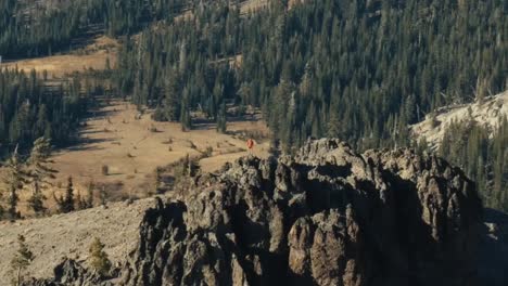 Backpacker-atop-rugged-mountain-peak-with-pinewoods-background,-sunny-day