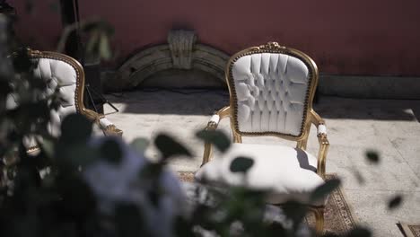 Elegant-antique-chairs-in-a-sunlit-garden-courtyard,-framed-by-foliage