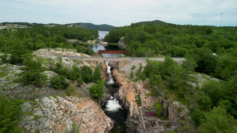 Aerial-flyover-of-Whitefish-Falls,-Manitoulin-Island,-Ontario,-Canada