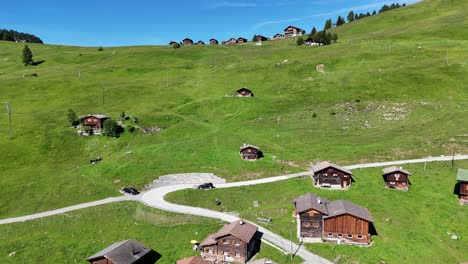 Aerial-view-of-log-cabins-on-green-slope-and-reveal-of-mountain-peaks