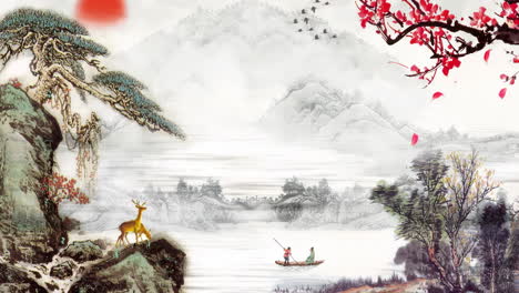 Fantasy-bright-ambience-landscape-of-beautiful-morning-plum-blossom,-sky,-mountains,-flowers,-lake,-ancient-house-with-simple-animation-in-Japanese-Chinese-anime-watercolour-style