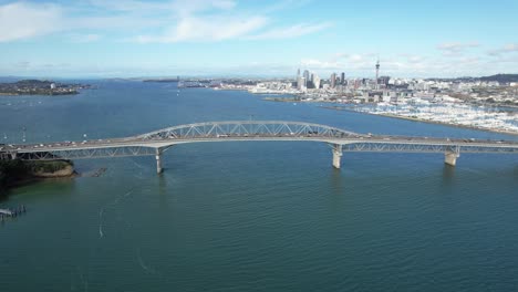 Aerial-View-Of-Auckland-Harbour-Bridge---Iconic-Landmark-In-Auckland,-New-Zealand