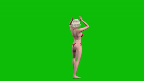 3D-female-character,-woman-with-blond-hair-and-wet-skin,-wearing-red-bikini-swimming-wear-and-sunglasses,-dancing-dont-cha-style-on-green-screen,-3D-animation,-back-view