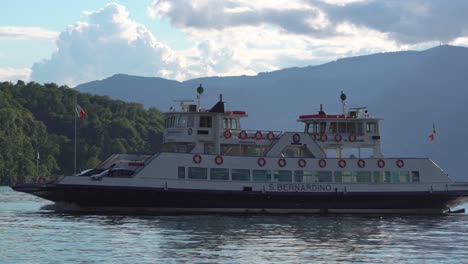 Ferry-Boat-In-The-Port-Of-Laveno-Mombello-In-Varese-Province,-Lake-Maggiore,-Lombardy,-Italy