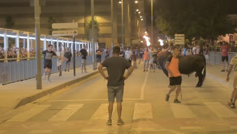 Bull-with-fireballs-on-its-horns-in-the-street-with-bullfighters-without-a-cape-around-it-in-a-traditional-event-in-Sagunto