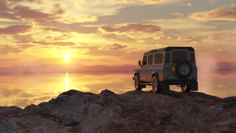 Land-Rover-Defender-parked-on-Rocky-Cliff-overlooking-colorful,-dramatic-sunset-sky-with-clouds