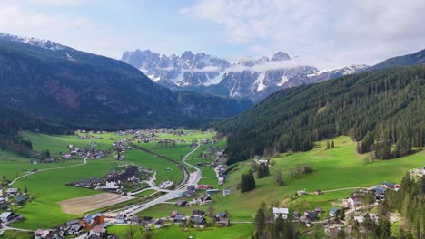 Gosau-drone-view-with-houses-Austria,-Hallstatt