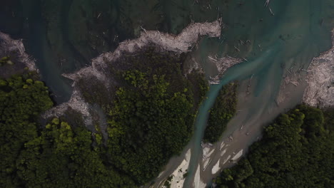 Drone-top-down-of-braided-streams-with-white-chalky-tree-logs-at-mouth-of-river-emptying-into-lake