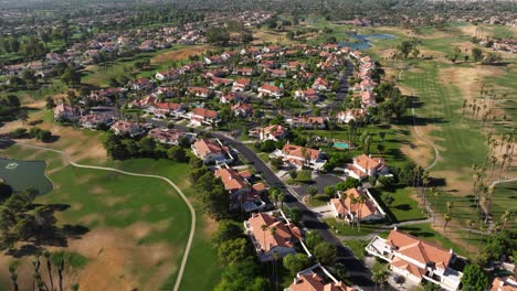 Panoramic-aerial-overview-of-neighborhood-surrounded-by-golf-course-in-Palm-Springs-California-USA