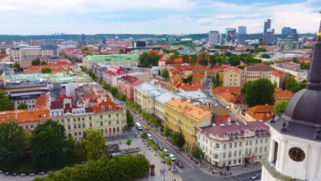 Drone-Shot-of-Main-Street-in-Downtown-Vilnius,-Lithuania