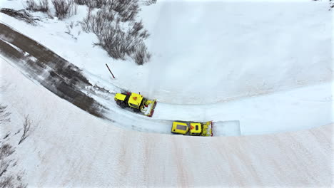 Aerial-View-Yellow-Snow-Plow-Clear-Pass-Road-Spring-Time-Savoie-France