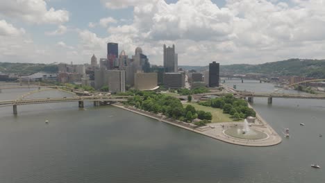 Pittsburgh,-Pennsylvania-skyline-with-drone-video-moving-left-to-right-wide-shot