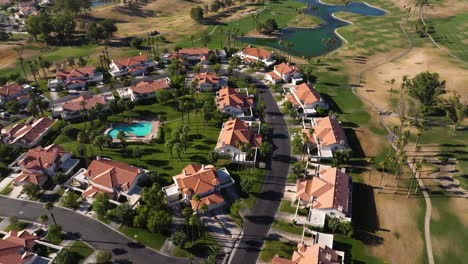 Aerial-high-angle-overview-above-neighborhood-in-Palm-Springs-California-USA-near-golf-course-with-pools