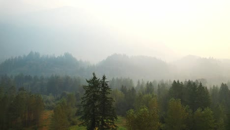 Right-to-left-pan-of-drone-looking-at-smoky-foggy-misty-mountain-tops-with-trees-in-the-foreground