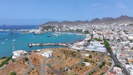 Aerial-View-of-Mindelo,-Port-City-on-Sao-Vicente-Island,-Cape-Verde,-Drone-Shot