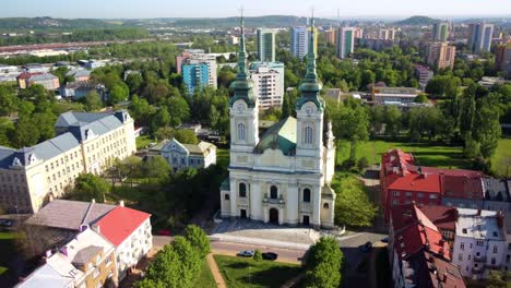 Church-of-Our-Lady-the-Queen-In-Ostrava,-Czech-Republic---Drone-Shot