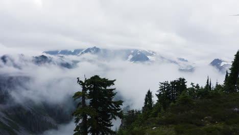 Timelapse-of-clouds-rushing-in-and-gathering-above-forest-obscuring-mountain-valley-below