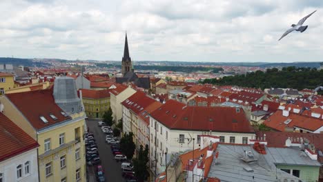 Seagulls-Fly-Past-Aerial-Shot-of-Prague,-Czech-Republic