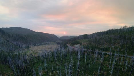 Sunset-through-a-smokey-sky-while-passing-by-burned-trees