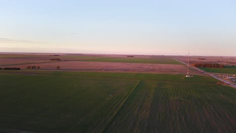 Aerial-view-of-a-green-rural-field-at-sunset-with-a-vehicle-going-through-it-on-a-road