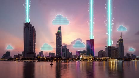 Zeitraffer-Von-Tag-Zu-Nacht-Der-Modernen-Skyline-Einer-Smart-City-Mit-Animation-Einer-Schnellen-Internetverbindung-Mit-Hoher-Geschwindigkeit-Und-Binärcode-Im-Coworking-Space-Und-Im-Büro