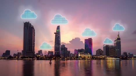 Time-lapse-of-modern-skyline-cityscape-day-to-night-with-animation-of-internet-cloud-coding-in-binary-code-one-and-zero