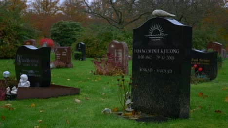 Tumba-Recién-Añadida-En-El-Cementerio-De-Kviberg-En-Gotemburgo,-Suecia---Toma-Panorámica