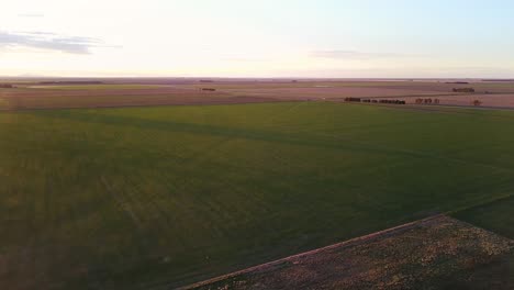 Vista-Aérea-De-Un-Campo-Rural-Verde-Al-Atardecer