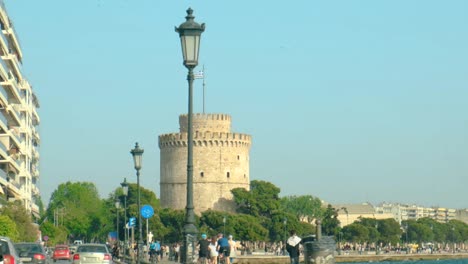 POV-Thessaloniki-famous-landmark-White-Tower-car-windshield-120fps-slow-motion